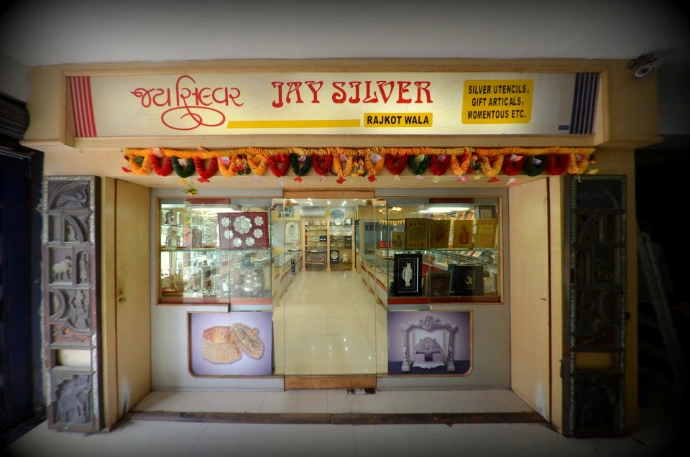 Jay Silver showroom entrance, pure silver shop store front, Jay Silver Rajkot Wala